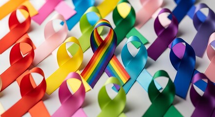 A colorful array of awareness ribbons symbolizing support and solidarity for various causes