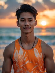 attractive young filipino guy in orange themed swimwear portrait on beach fun sunset background, facing front and slightly smiling