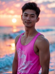 attractive young filipino guy in pink themed swimwear portrait on beach fun sunset background, facing front and slightly smiling