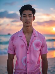 attractive young filipino guy in pink themed swimwear portrait on beach fun sunset background, facing front and slightly smiling