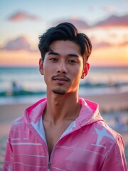 attractive young filipino guy in pink themed swimwear portrait on beach fun sunset background, facing front and slightly smiling