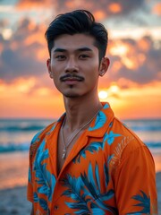 attractive young filipino guy in orange themed swimwear portrait on beach fun sunset background, facing front and slightly smiling