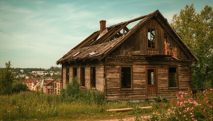 Obraz premium Dilapidated wooden house damaged by fire, erosion risk