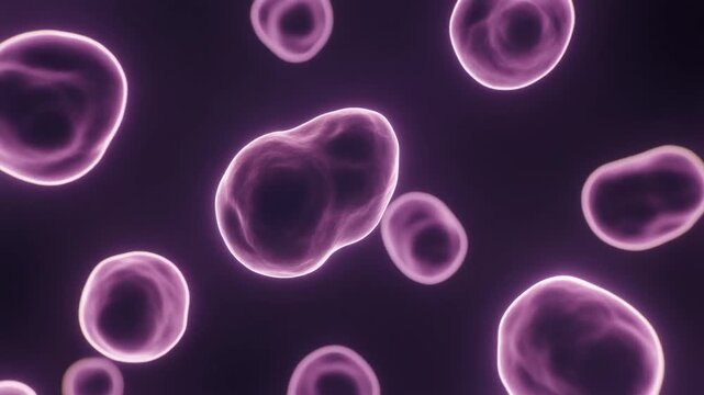 Abstract microscopic cell-like forms expand and contract softly, glowing at the edges. A scientific minimal aesthetic with seamless looping motion and calm organic rhythm