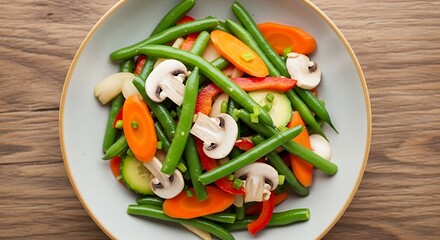 Fresh green beans carrots mushrooms and bell peppers in a bowl food vegetable