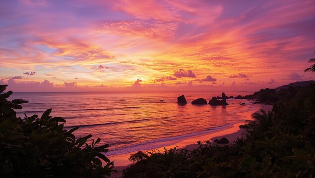 Sunset over a tranquil beach, a moment of serenity and reflection