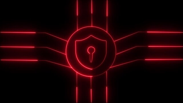 Glowing neon CLD lock symbols surrounded by radiating light creating a digital security ,on a black background, with 4k video motion graphic animation.  identity protection. 