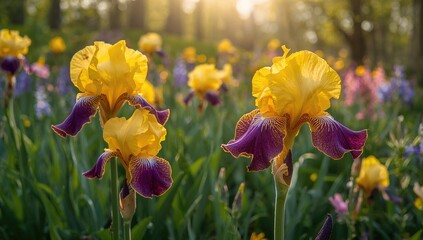 Springtime yellow and purple irises, seasonal bloom