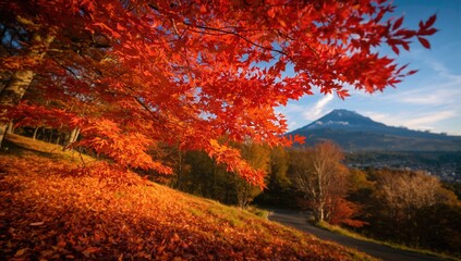 Fototapeta premium Vibrant red autumn leaves create a scenic landscape, highlighting seasonal change