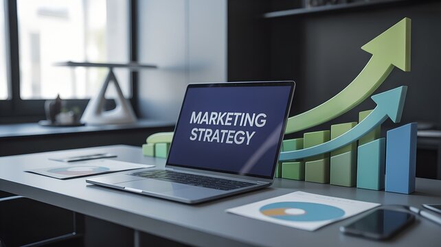 Laptop displaying marketing strategy with upward trending bar graph and arrows symbolizing business growth and success