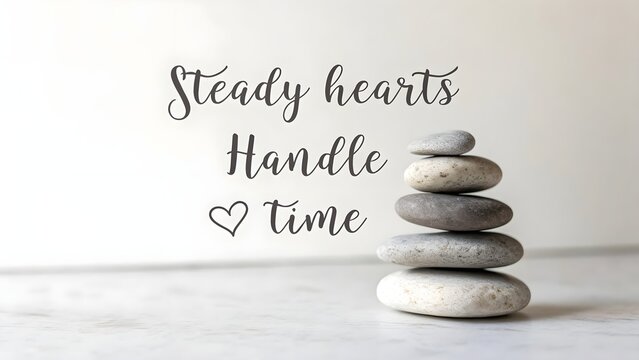 Stack of stones with inspirational quote about steady hearts