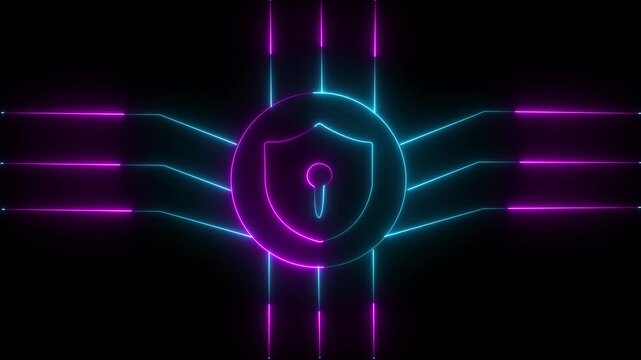 Glowing neon CLD lock symbols surrounded by radiating light creating a digital security ,on a black background, with 4k video motion graphic animation.  identity protection. 