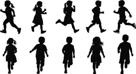 PrintSilhouette children running in various dynamic poses, showcasing active kids movement, playful energy, sporty action, perfect for educational, creative, and design projects