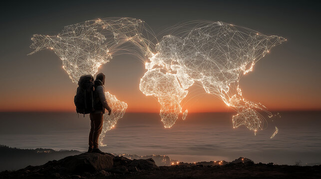 A traveler admiring holographic world map on mountain peak at sunrise