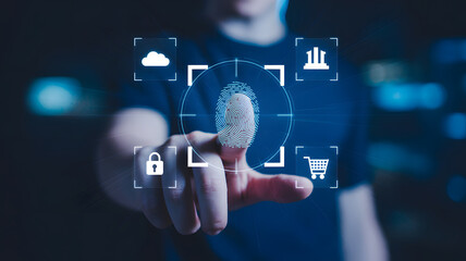 Cutting-edge biometric security system protecting data with fingerprint scan and cloud integration, secure online shopping and digital finance solutions