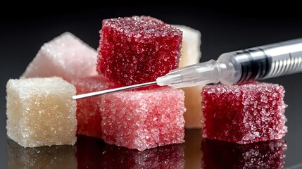 Syringe injecting sugar cubes a conceptual image representing the dangers of sugar addiction and the health risks of excessive sugar consumption