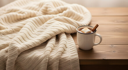 Cozy warm blanket and a mug of hot chocolate with marshmallows and cinnamon