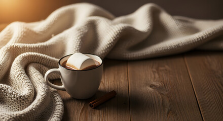 Warm Cocoa Drink with Marshmallow and Cinnamon on Wooden Table