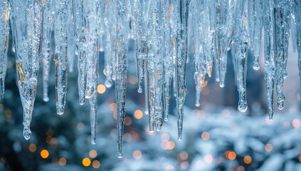 Close-up of glistening ice icicles, showcasing winter's frozen beauty, seasonal change