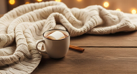 Cozy Comfort Hot Chocolate, Blanket, and Cinnamon on Wood