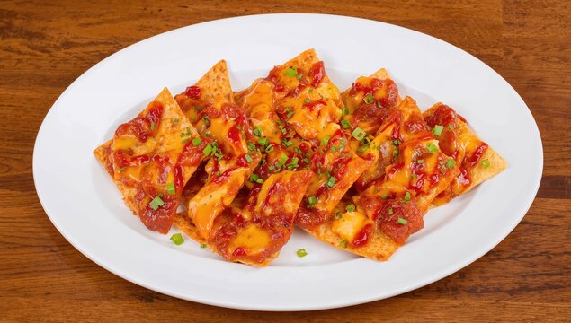 Triangular nacho chips served with tomato ketchup and cheese sauce on a wooden surface, fiber-dense choice - Powered by Adobe