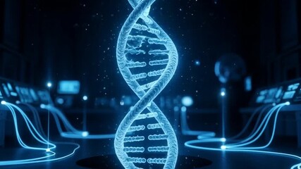Glowing dna helix spinning in futuristic laboratory with complex equipment, representing genetic research and scientific advancement, creating a sense of wonder and innovation. - Powered by Adobe