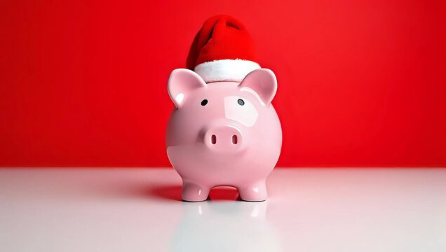 A pink piggy bank wearing santa hat, isolated on red background - holiday savings, budget, investment, business growth, future financial planning, Christmas celebration - Powered by Adobe