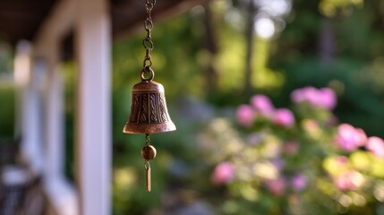 Obraz premium Decorative copper bell hanging in a serene garden with blurred flower background creating a tranquil and peaceful ambiance for outdoor living spaces