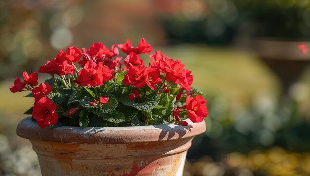 Vibrant red begonia blooms in an outdoor pot, enhancing garden aesthetics