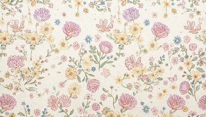 Vibrant wildflower pattern featuring butterfly design, suitable for textiles or wallpaper, seasonal change