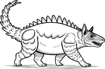 Fototapeta premium Line art illustration of a spiky dinosaur with a long tail and horns