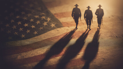 Image of US flag with shadow silhouettes of three veterans, honoring Veterans Day
