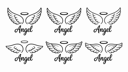 Angel wings and halo outline graphic with 'angel' text, ideal for spiritual designs, memorials, and decorative projects.