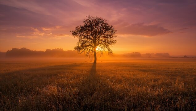 Solitary tree amidst a blazing landscape at dusk, seasonal change