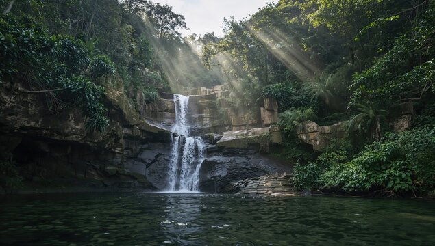 Alpine waterfall cascading through lush rainforest, ideal backdrop for relaxation