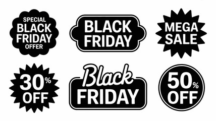 Obraz premium Black friday sale promotion badges and discount labels vector illustration set with various shapes for shopping, e-commerce, and advertising.