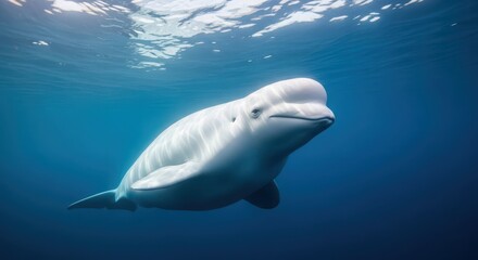 A majestic beluga whale swims gracefully in the clear blue ocean water, its white body illuminated by sunlight filtering from above