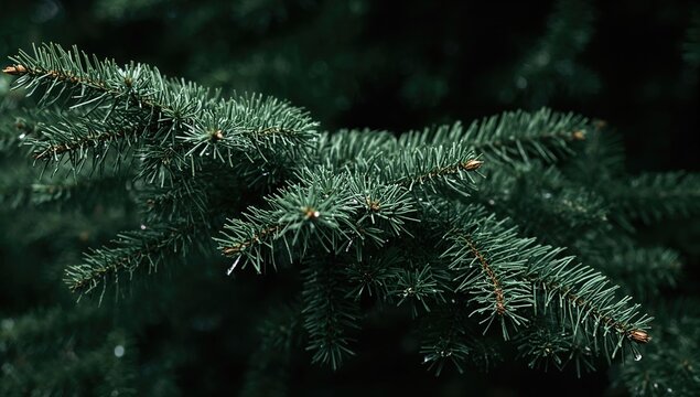 Closeup of wet green pine tree branches with needles, showcasing the texture and freshness after rain - Powered by Adobe