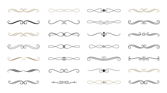 Elegant vector set of calligraphic design elements, vintage text dividers, and ornamental flourishes for classic page decoration and invitations.