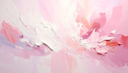 Abstract textured painting with delicate pink and white brushstrokes and shimmering glitter accents creating a soft ethereal atmosphere of gentle movement and light