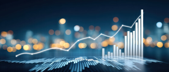 E commerc digital data graph financial growth glowing city bokeh skyline
