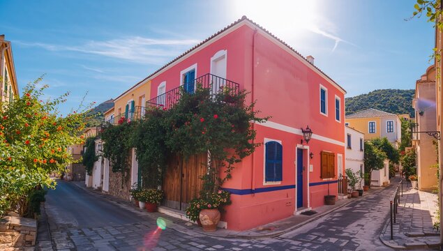 Summer sky and colorful walls in a charming coastal town