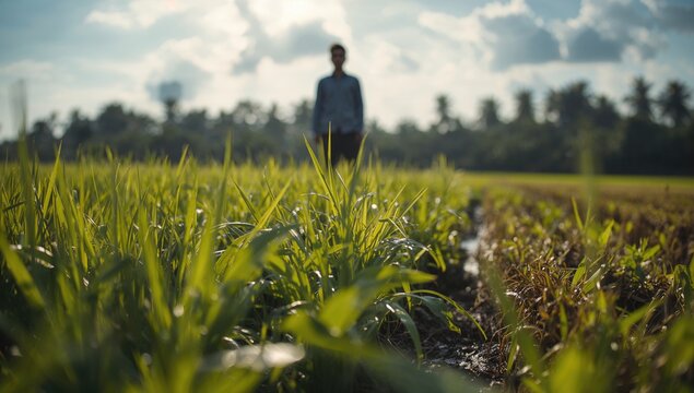 Cassava plants grown alongside rice in agricultural land with selective focus
