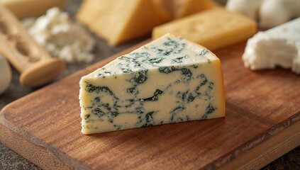 Close-up of a blue cheese wedge on a wooden board, rich in flavor profile, cheese appreciation