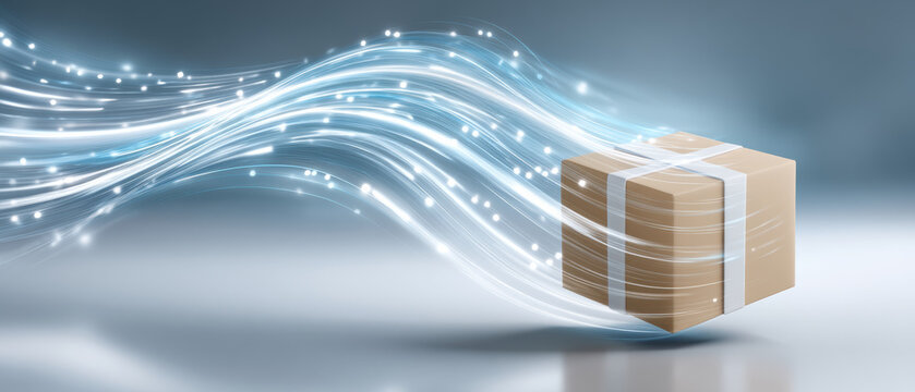 E commerc parcel flowing with digital light trails conveying fast delivery and logistics