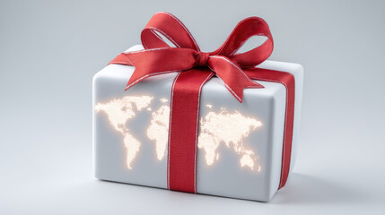 E commerc global gift box with red ribbon and illuminated world map wrapped present