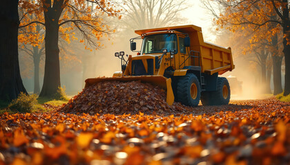 Yellow dumper truck moves pile of autumn leaves on path lined with trees. Heavy machinery clears fallen foliage during fall season in daylight. Outdoor landscaping work.