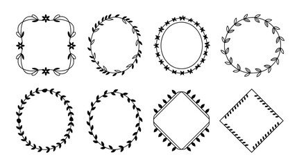 Collection of elegant hand-drawn floral and leaf frames, borders, and wreaths in various shapes for graphic design elements