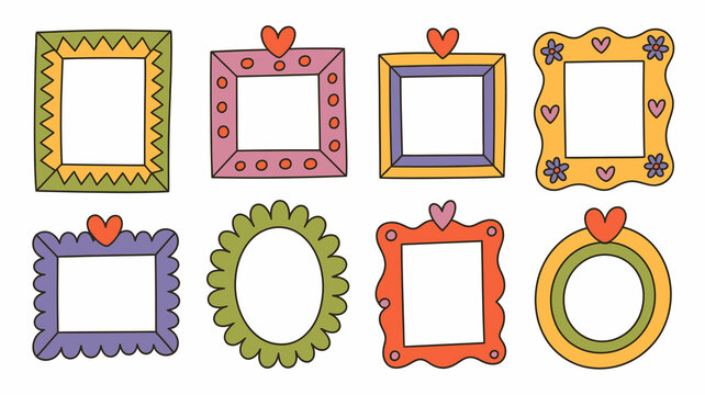 Whimsical hand-drawn colorful cartoon frames vector set with hearts and flowers, playful doodle style picture borders for photo designs