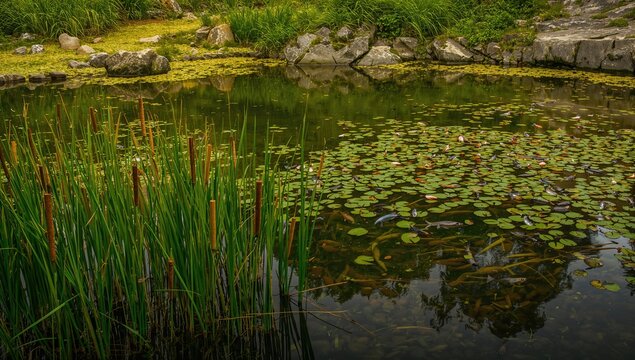 Reeds in the water, fish swimming beneath, tranquil lake setting, aquatic habitat - Powered by Adobe